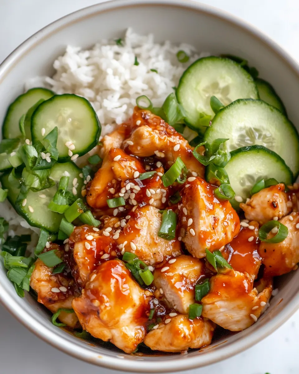 Easy Hot Honey Chicken Bowls with Rice & Cucumber food shot
