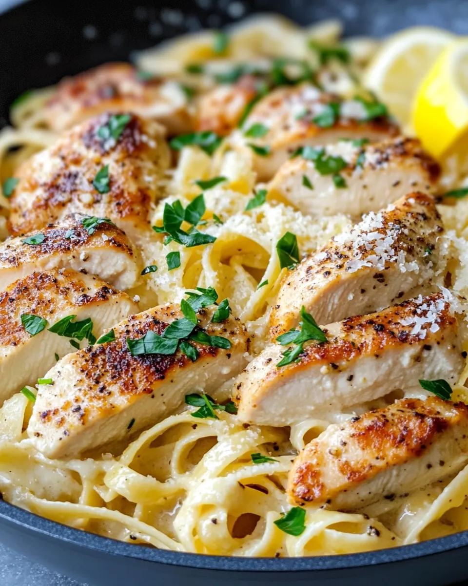 Easy Lemon Pepper Chicken Alfredo Skillet food shot