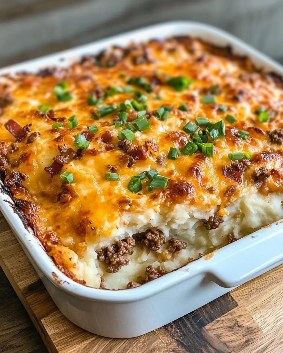 Classic Loaded Steakhouse Mashed Potato Casserole food shot