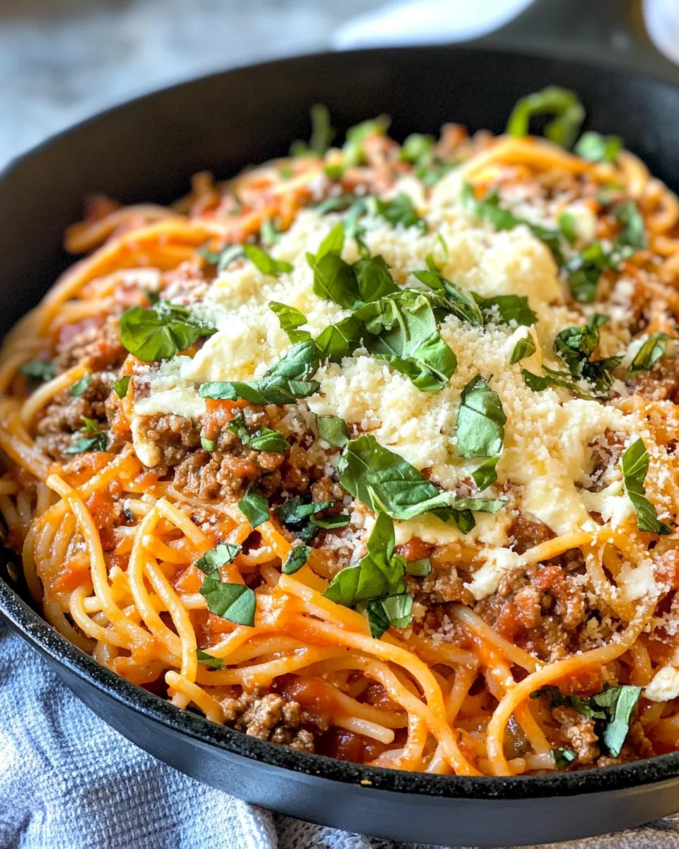 Delicious Million Dollar Spaghetti Skillet (No-Bake Hack) food shot