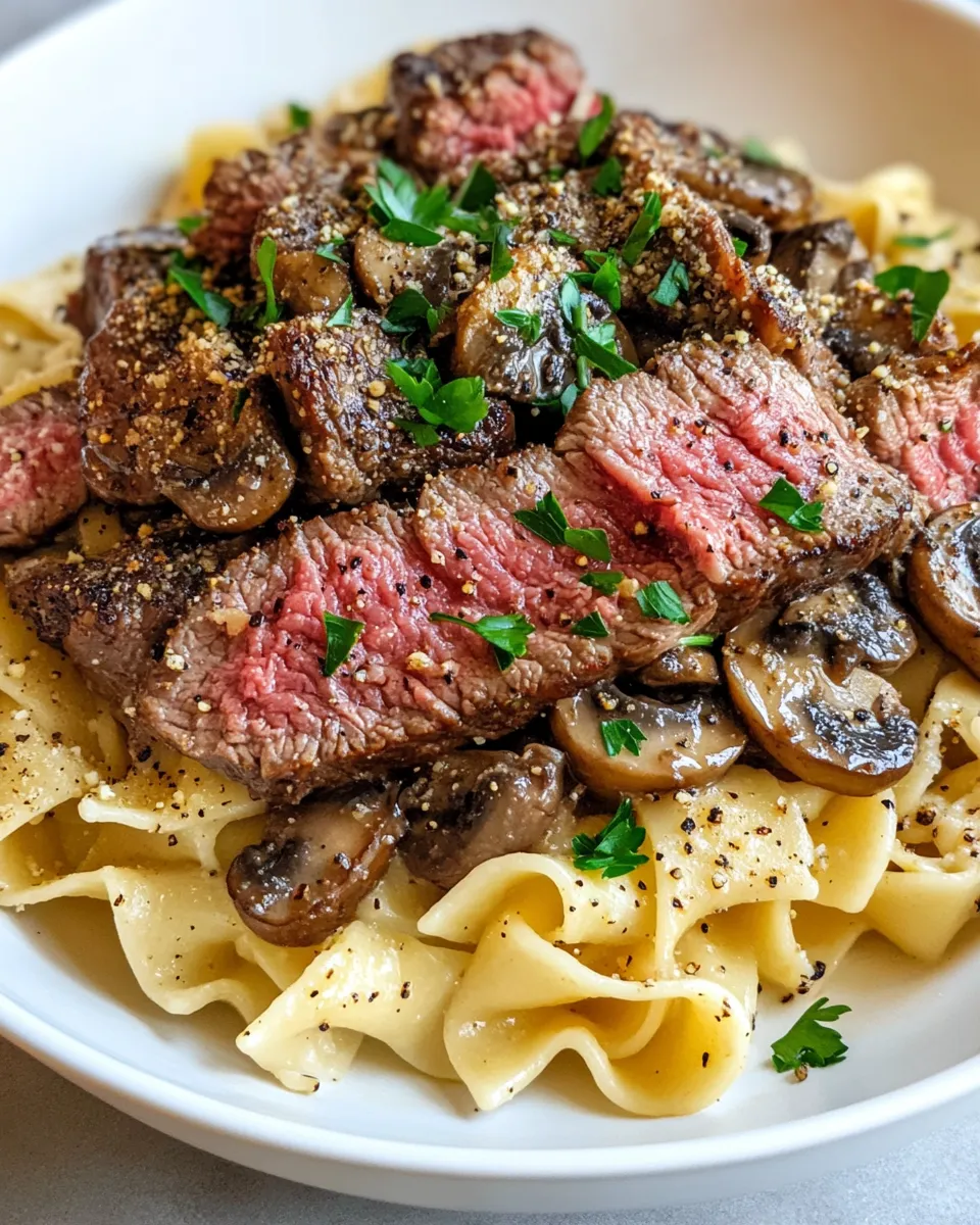 Delicious Peppercorn Steak Stroganoff Egg Noodles plate image