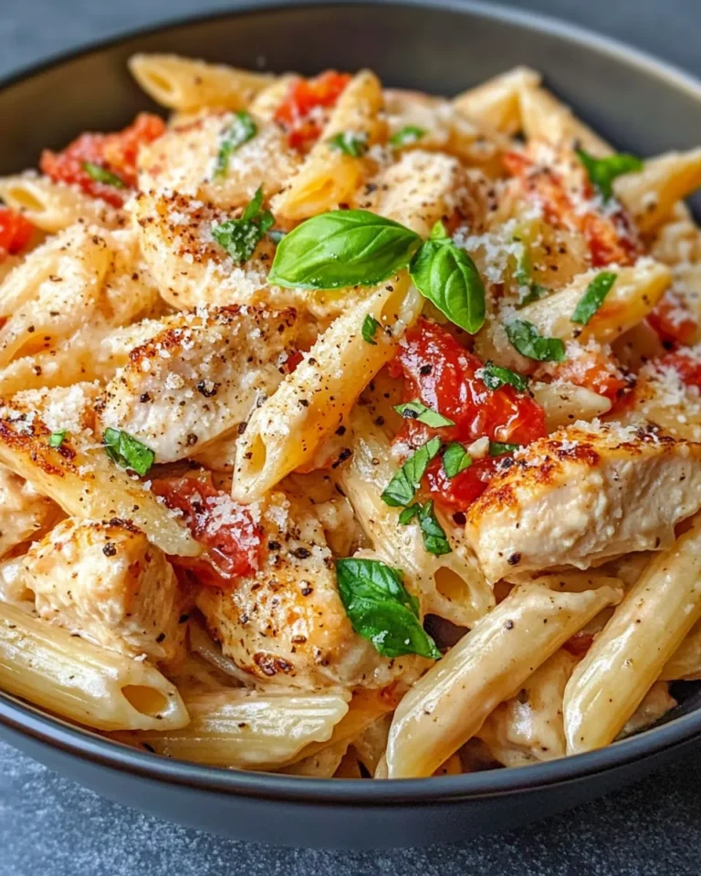Homemade Roasted Red Pepper Chicken Penne Alfredo recipe photo