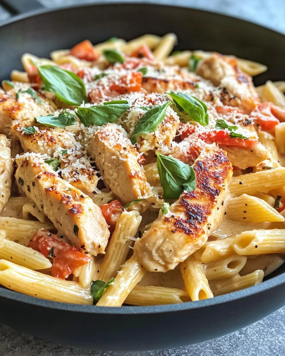 Classic Roasted Red Pepper Chicken Penne Alfredo dish photo