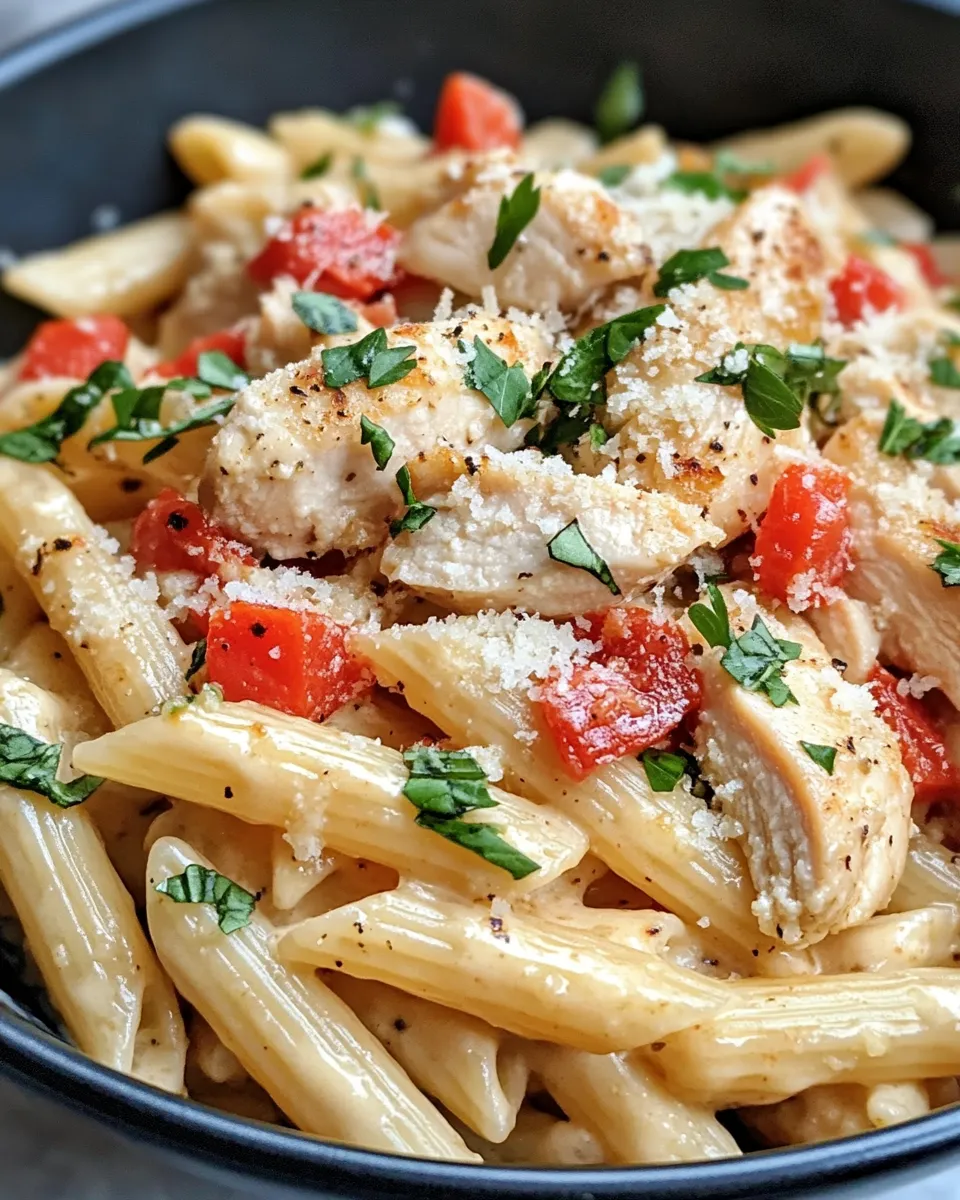Easy Roasted Red Pepper Chicken Penne Alfredo food shot