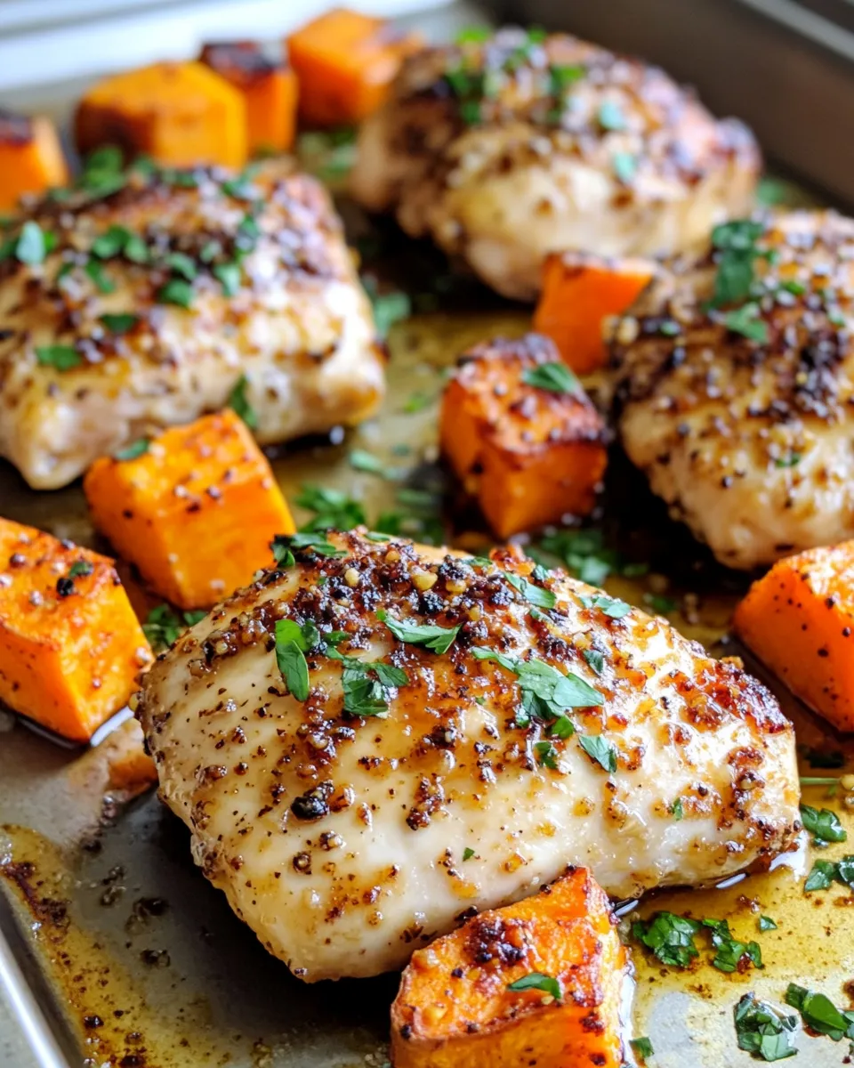 Easy Sheet-Pan Maple Dijon Chicken & Sweet Potatoes food shot