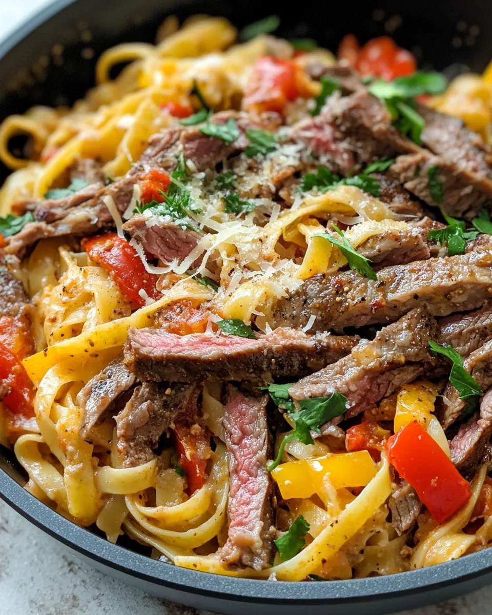 Delicious Steak Fajita Pasta Skillet with Peppers & Onions dish photo