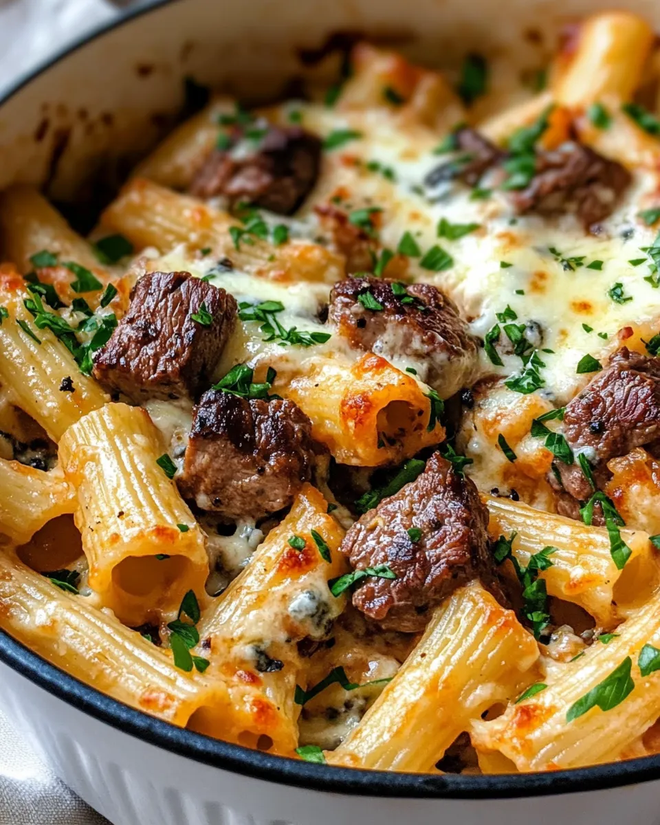 Delicious Steak & Blue Cheese Rigatoni Bake food shot