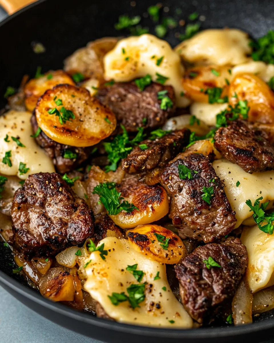 Easy Steak & Caramelized Onion Pierogi Skillet recipe photo