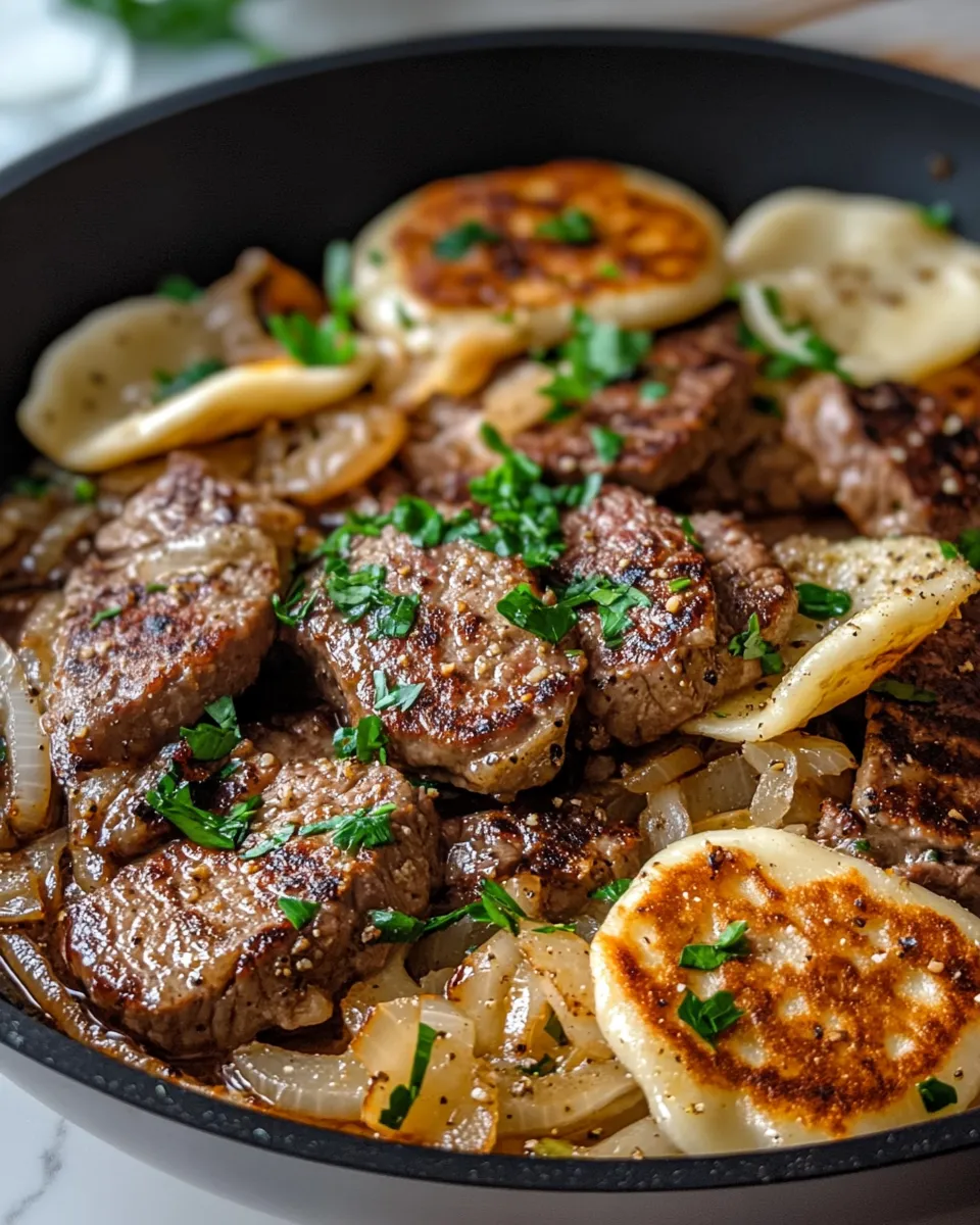 Delicious Steak & Caramelized Onion Pierogi Skillet dish photo