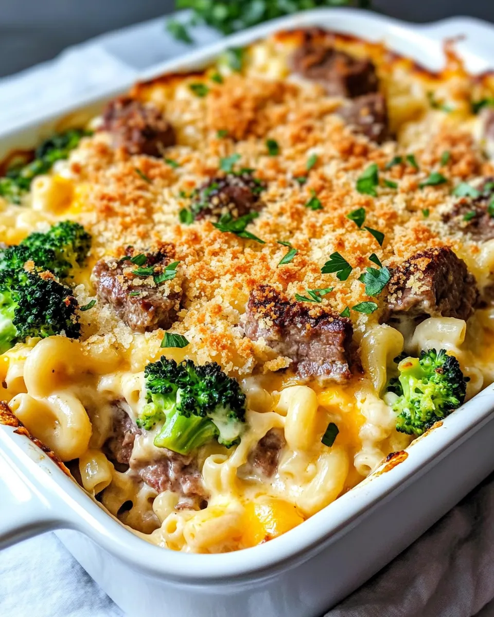 Easy Steak & Cheddar Broccoli Mac Bake food shot