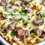 Homemade Steak & Creamy Mushroom Bowtie Bake recipe photo