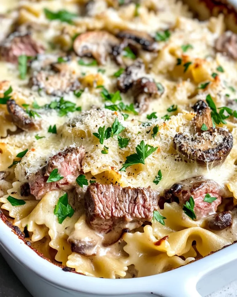 Homemade Steak & Creamy Mushroom Bowtie Bake recipe photo