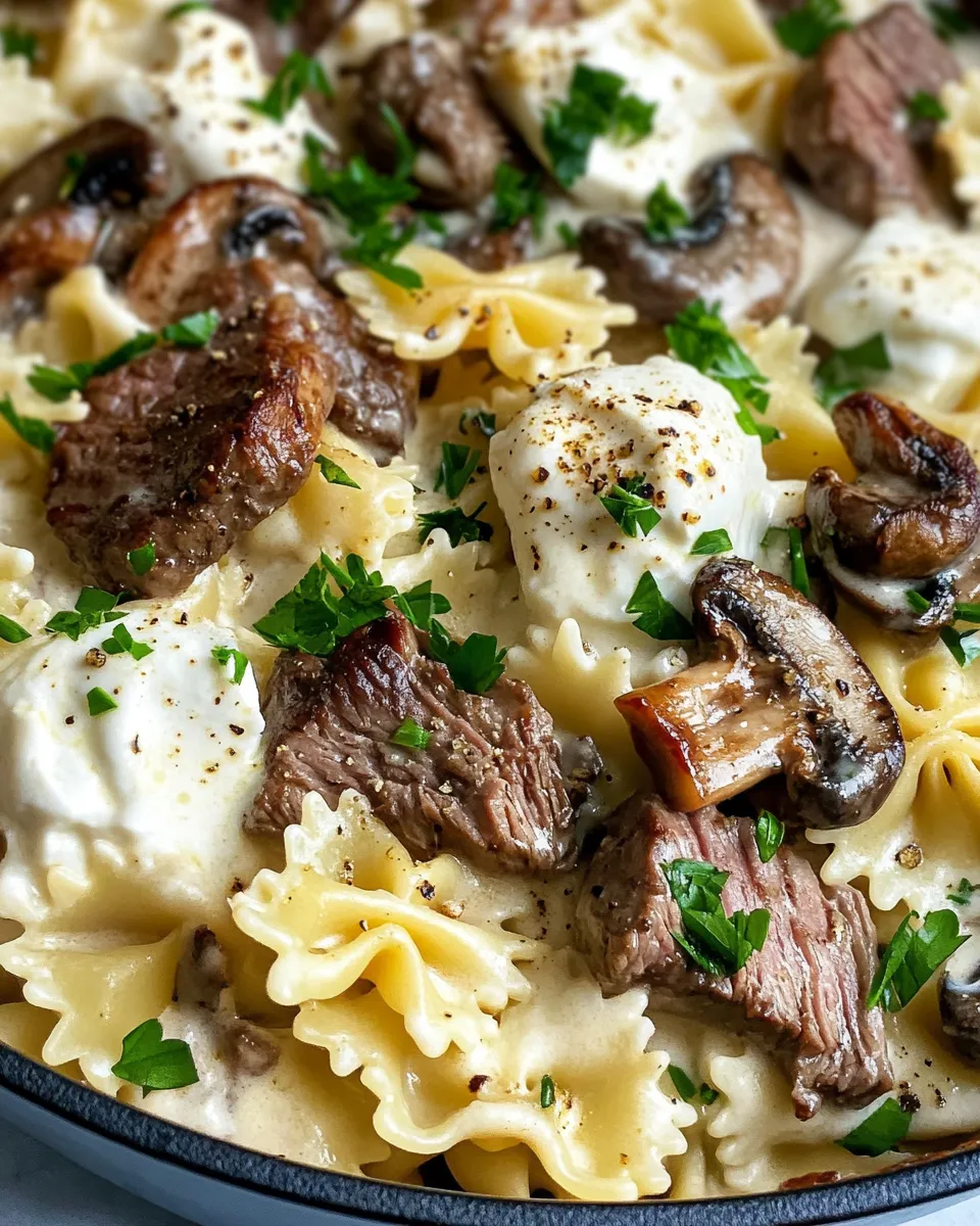 Classic Steak & Creamy Mushroom Bowtie Bake dish photo