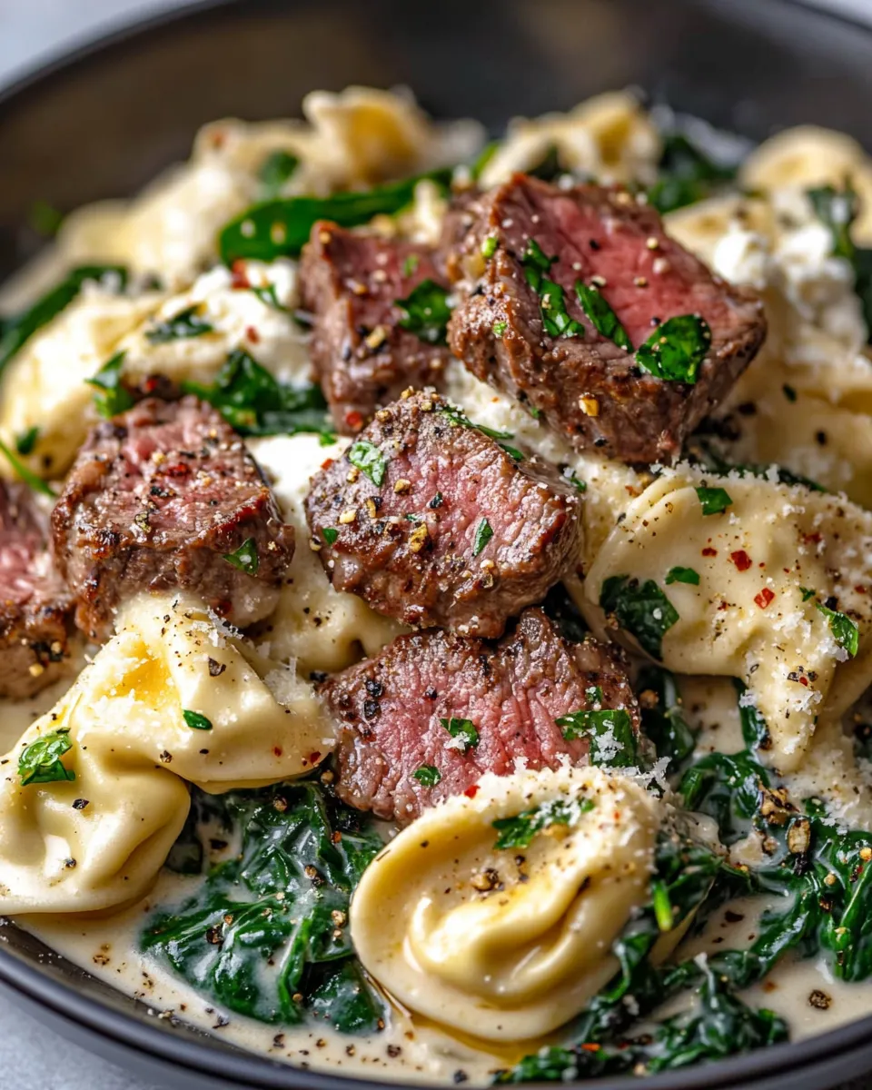 Easy Steak & Creamy Spinach Tortellini food shot