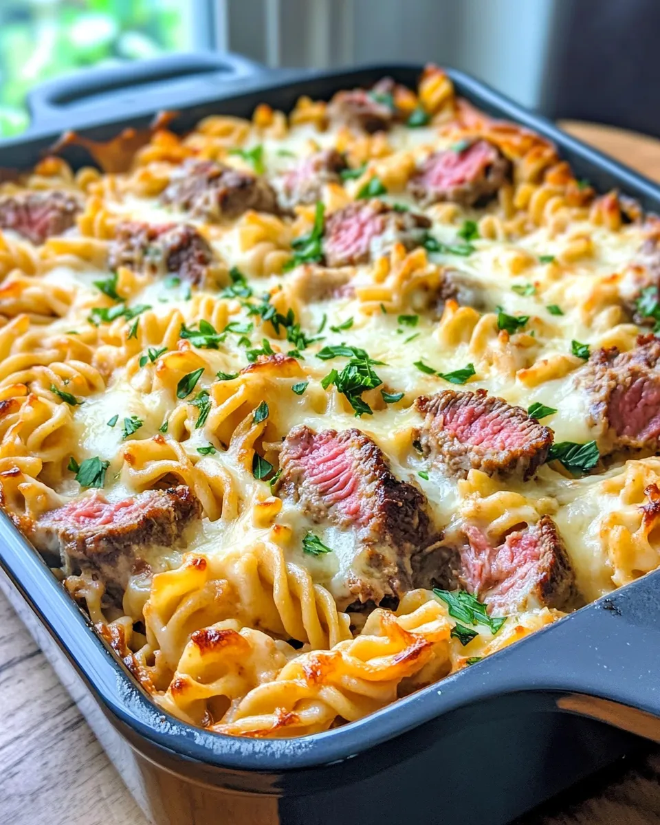 Easy Steak & Crispy Onion Cheddar Pasta Bake recipe photo