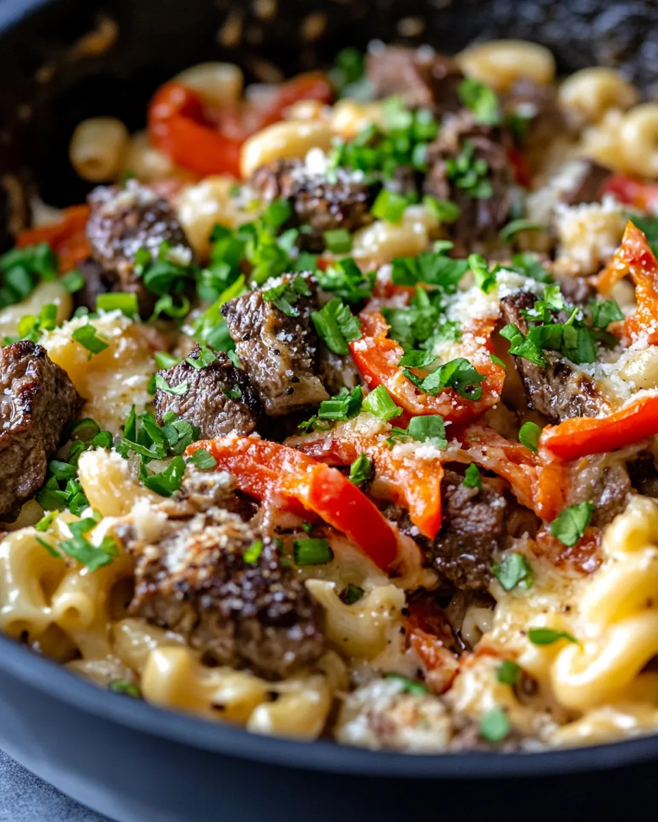 Easy Steak & Pepper Jack Queso Mac food shot