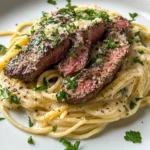 Homemade Steak & Roasted Garlic Alfredo Spaghetti recipe photo