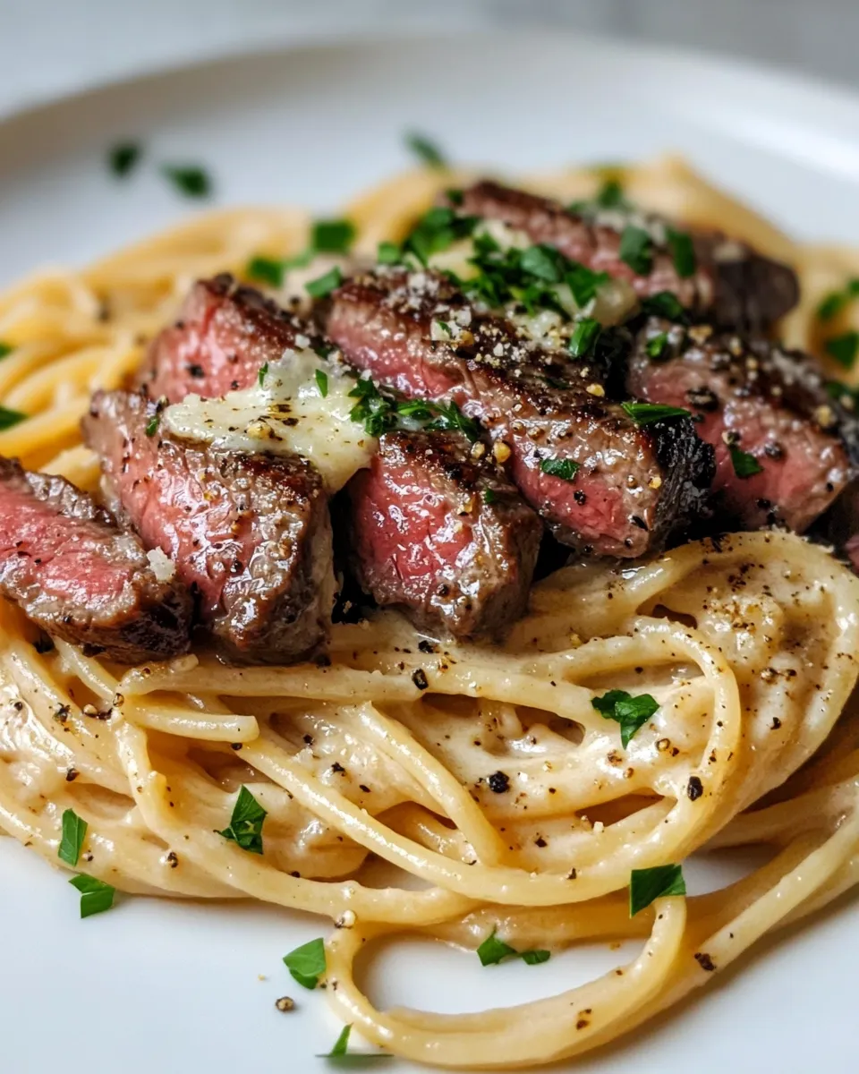 Classic Steak & Roasted Garlic Alfredo Spaghetti dish photo