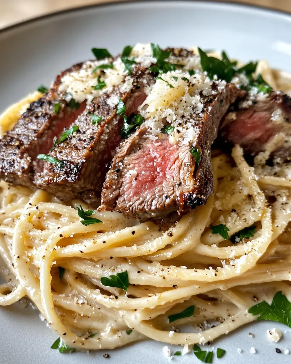Easy Steak & Roasted Garlic Alfredo Spaghetti food shot