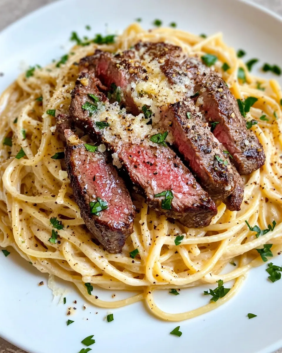 Delicious Steak & Roasted Garlic Alfredo Spaghetti plate image