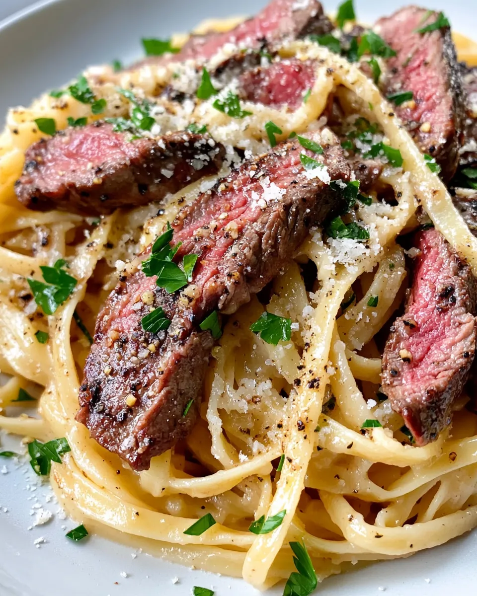 Delicious Steak & Roasted Garlic Parmesan Linguine dish photo