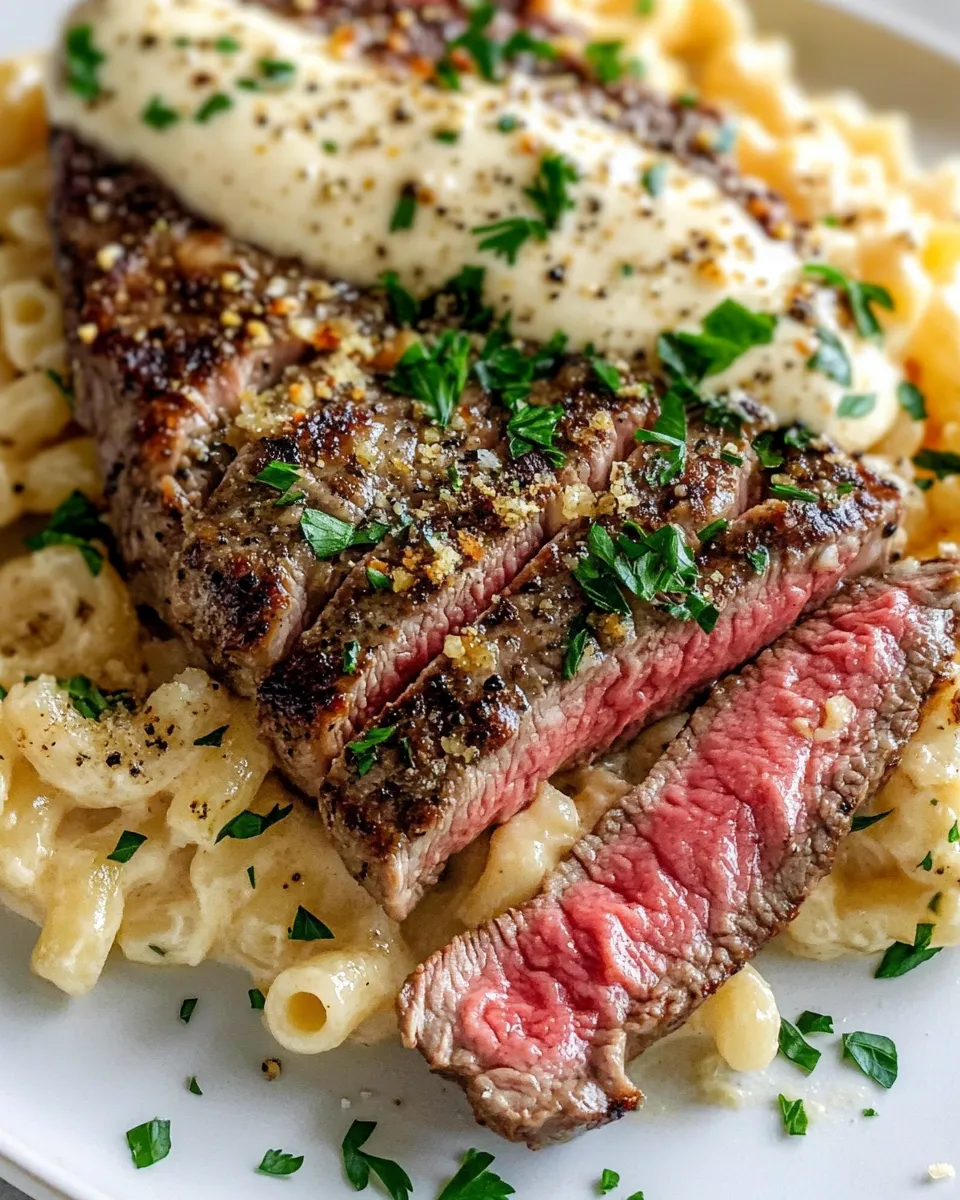 Easy Steak & Roasted Garlic White Cheddar Mac food shot