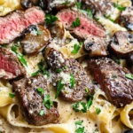 Homemade Steak & Roasted Mushroom Alfredo Bake recipe photo