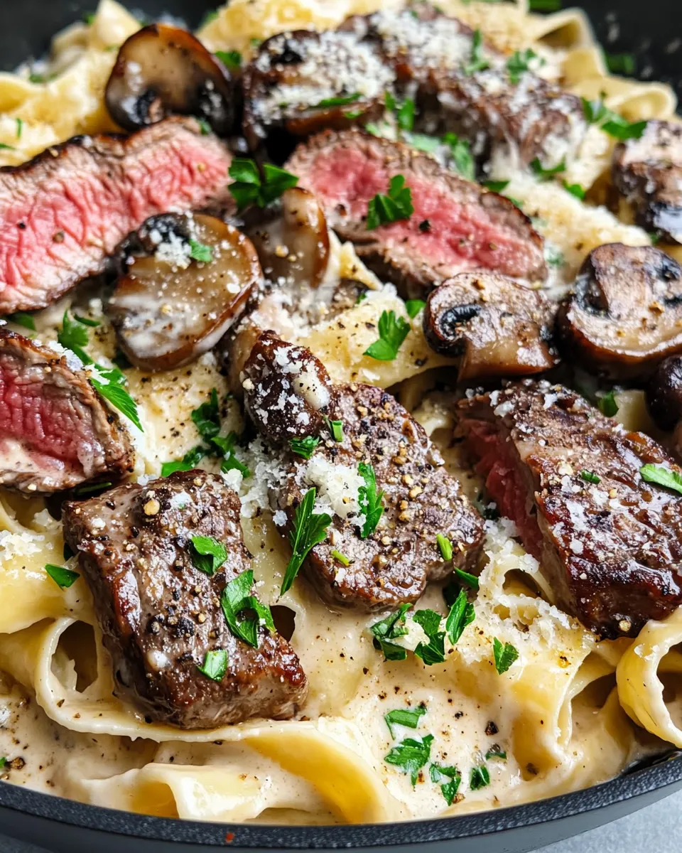 Homemade Steak & Roasted Mushroom Alfredo Bake recipe photo