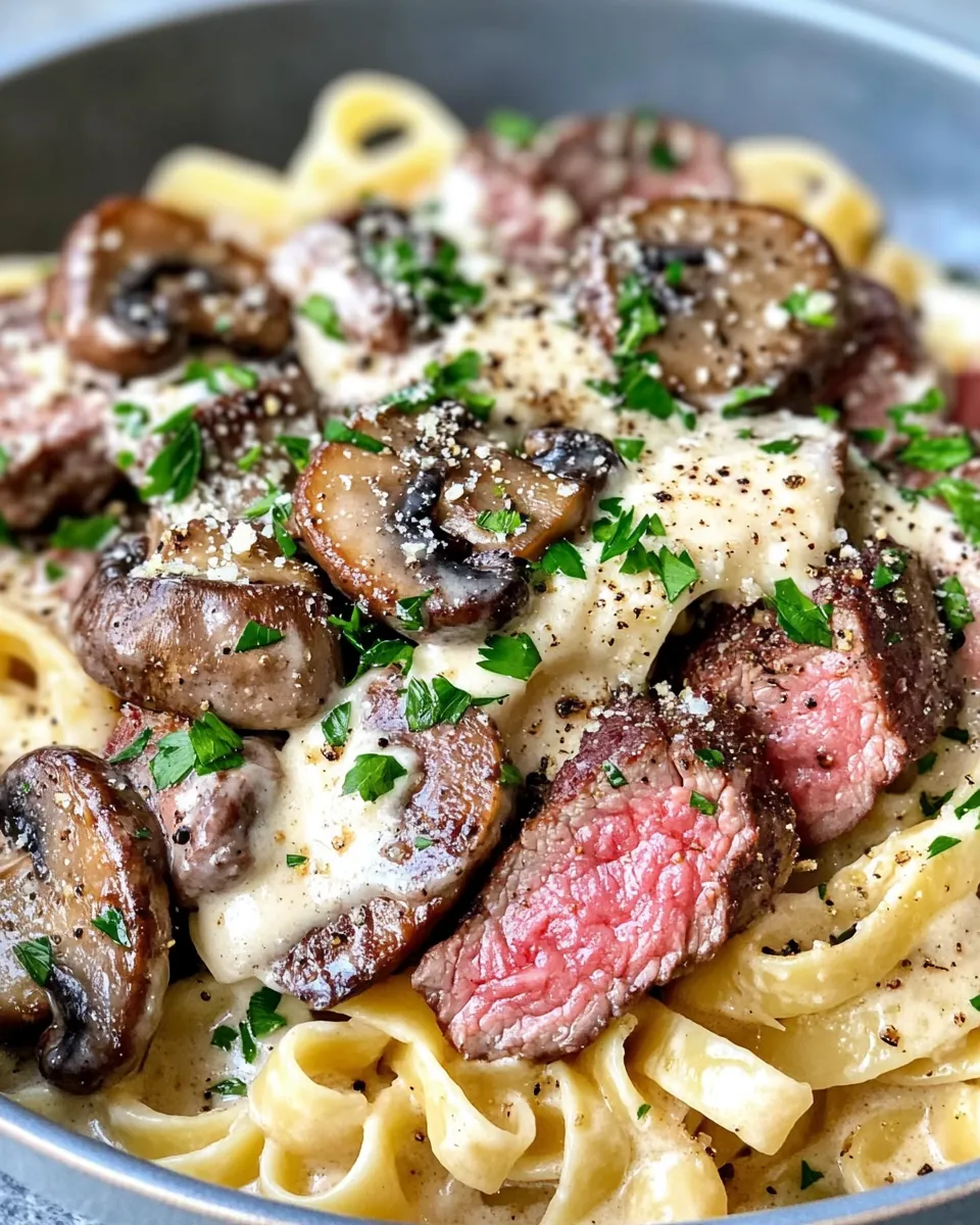 Easy Steak & Roasted Mushroom Alfredo Bake food shot