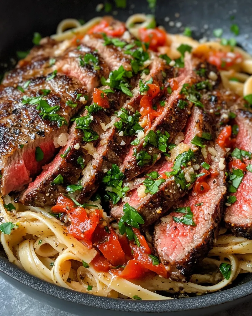 Delicious Steak & Roasted Red Pepper Alfredo food shot