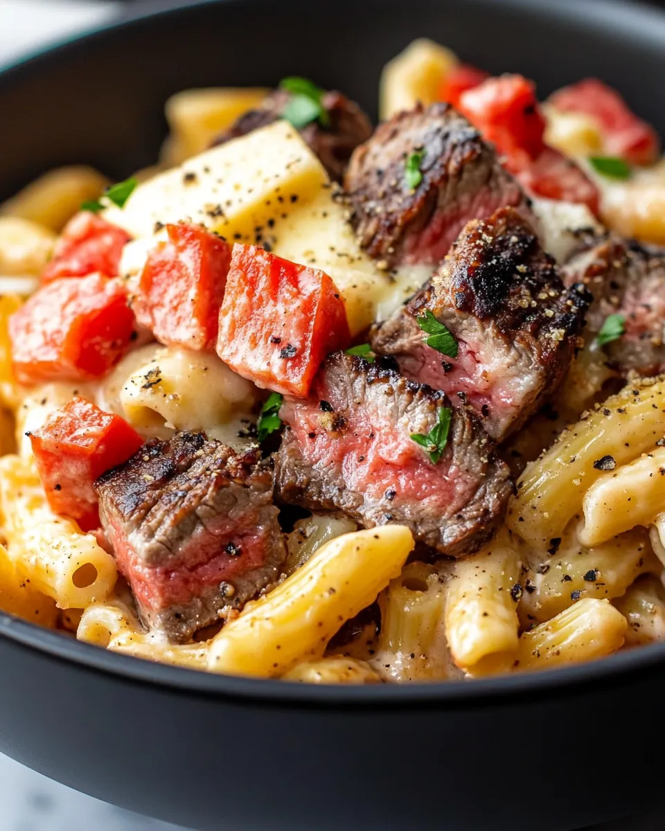 Easy Steak & Roasted Red Pepper Gouda Mac food shot