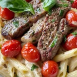 Homemade Steak & Roasted Tomato Alfredo Penne recipe photo