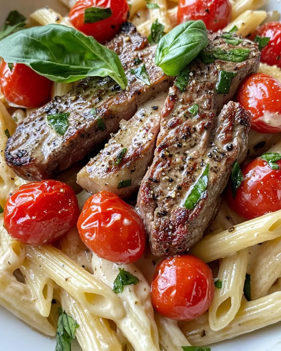 Homemade Steak & Roasted Tomato Alfredo Penne recipe photo