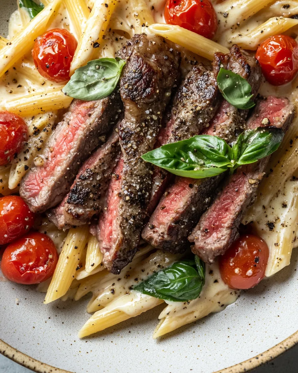 Easy Steak & Roasted Tomato Alfredo Penne food shot