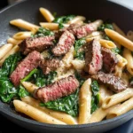 Delicious Steak & Spinach Alfredo Penne Skillet photo