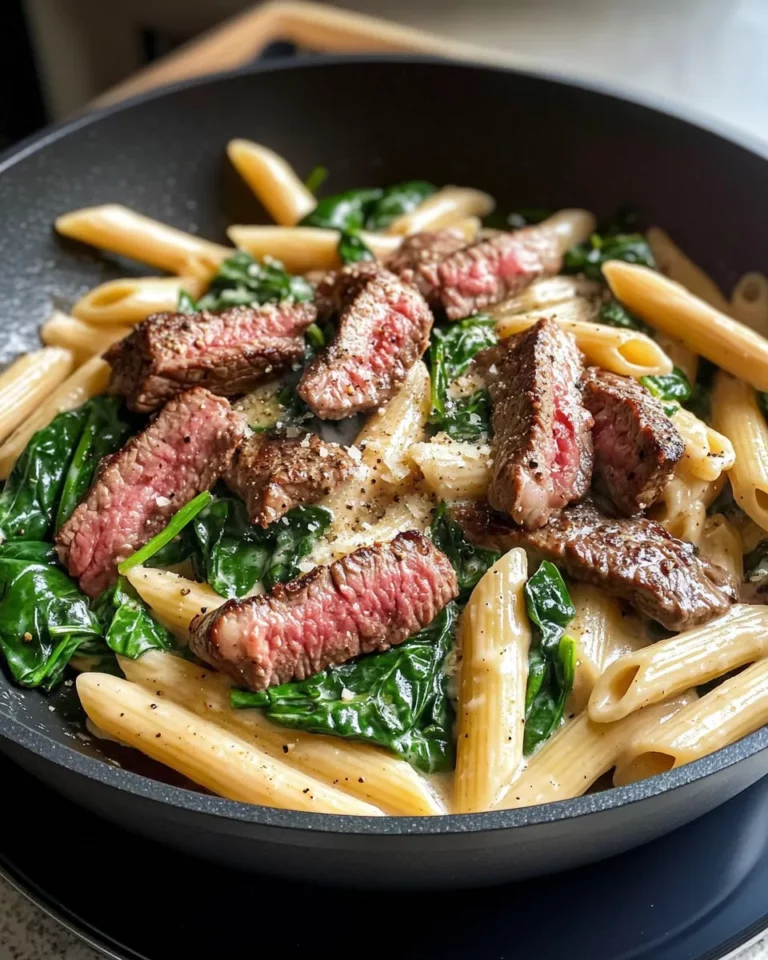 Delicious Steak & Spinach Alfredo Penne Skillet photo