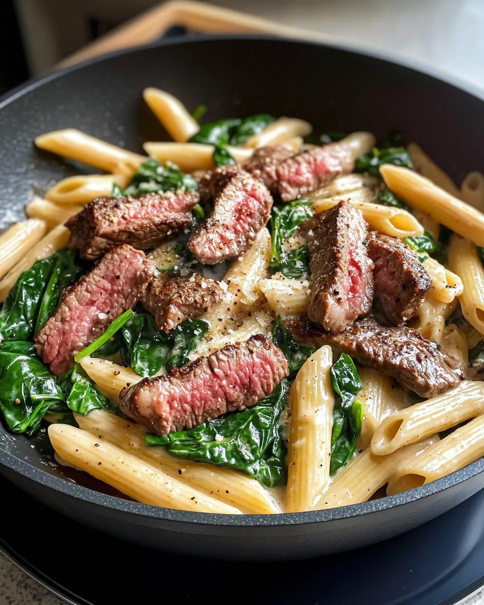 Delicious Steak & Spinach Alfredo Penne Skillet photo