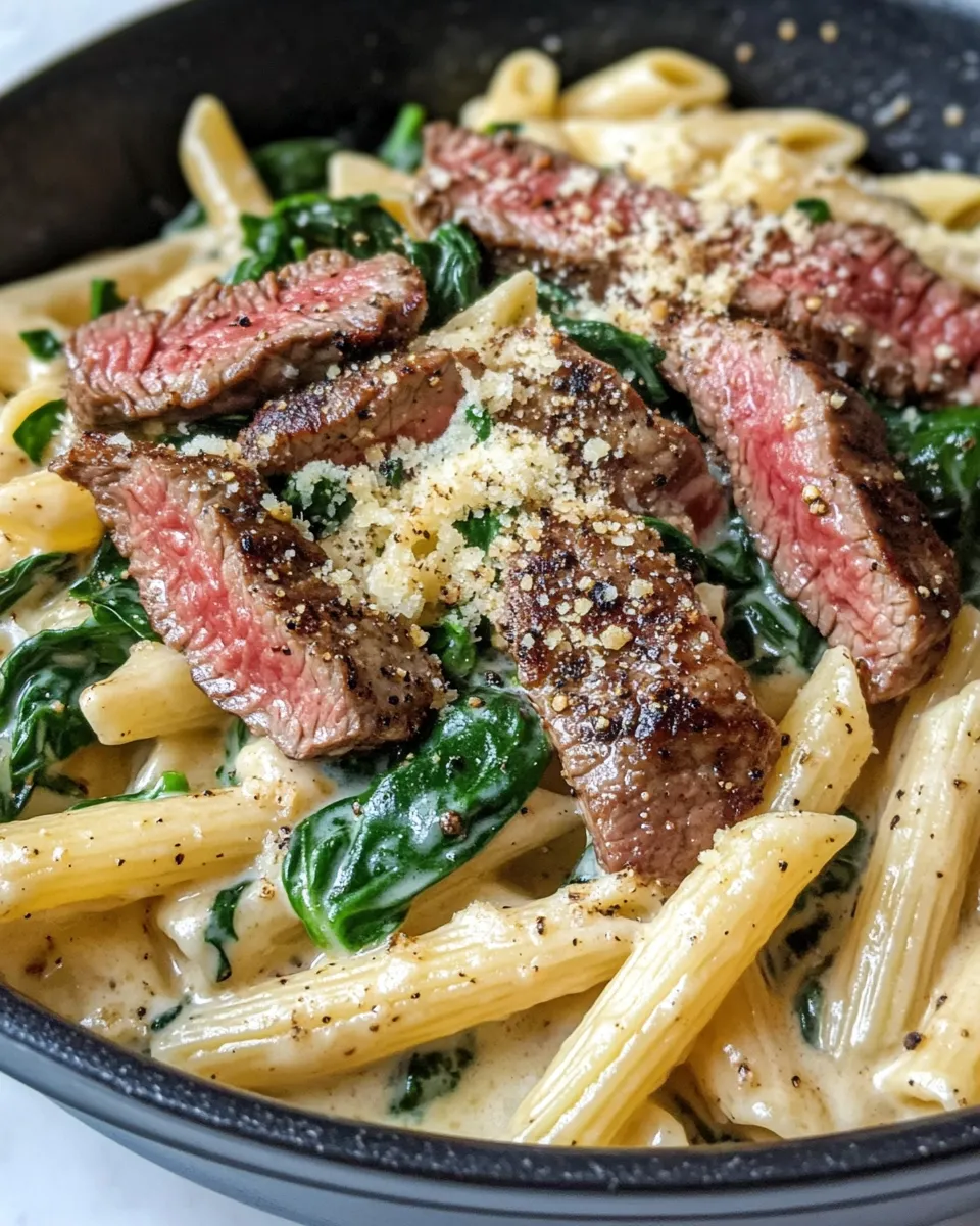 Easy Steak & Spinach Alfredo Penne Skillet recipe image