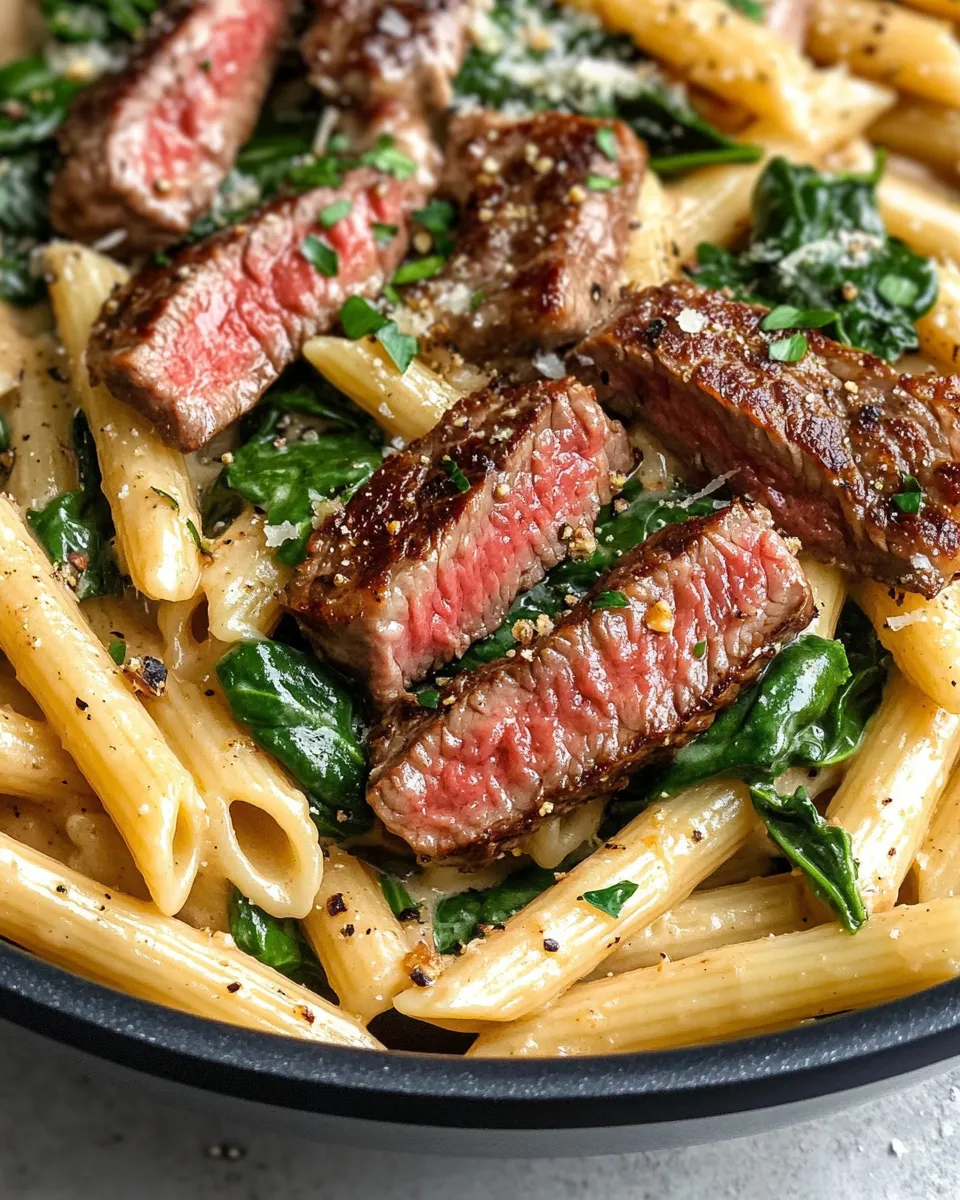 Homemade Steak & Spinach Alfredo Penne Skillet plate image