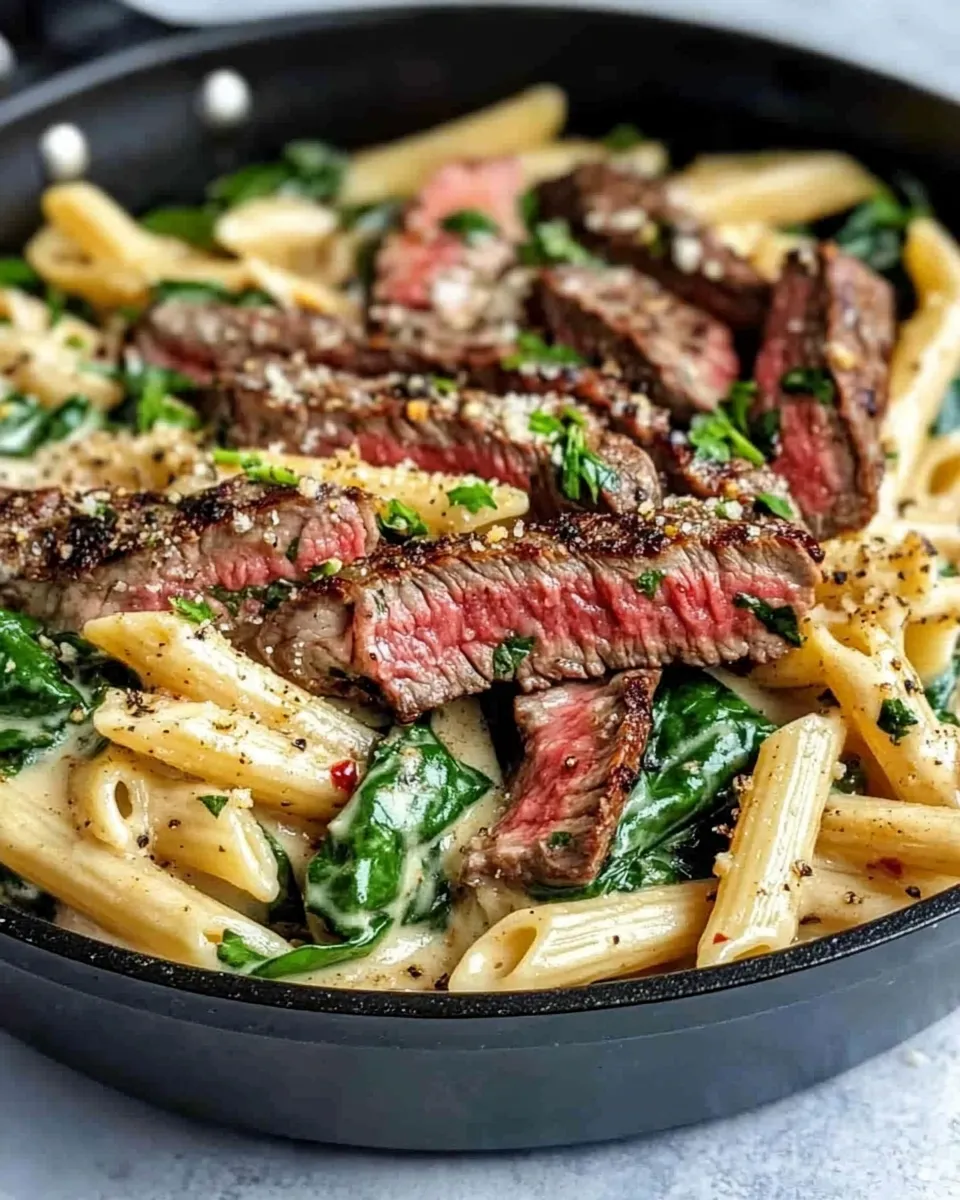 Tasty Steak & Spinach Alfredo Penne Skillet food shot