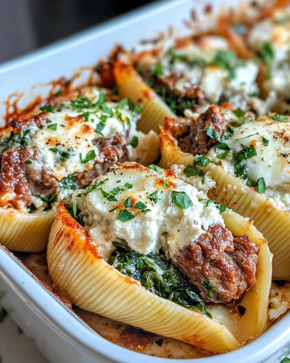 Easy Steak & Spinach Alfredo Stuffed Shells food shot