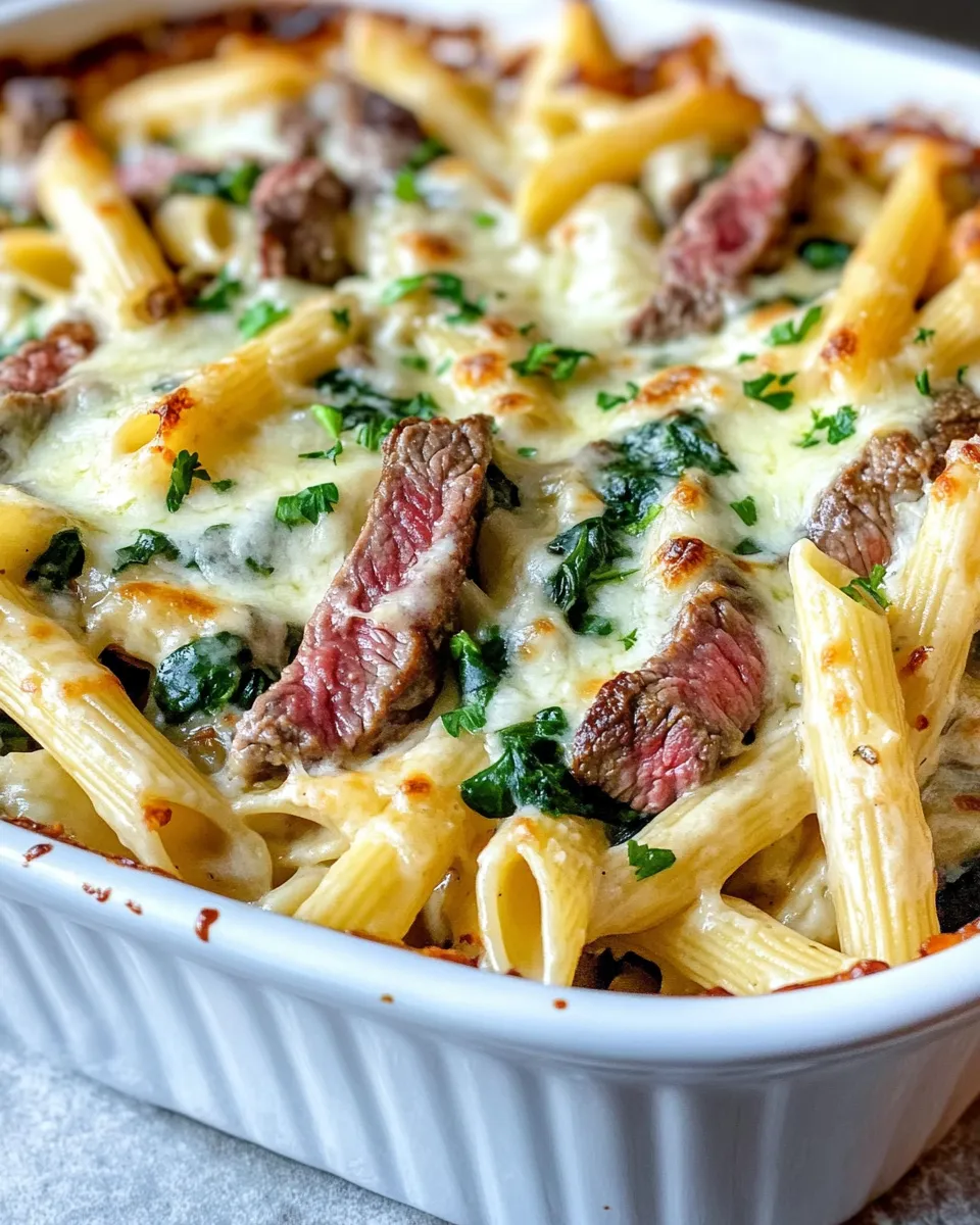 Homemade Steak & Spinach Artichoke Pasta Bake recipe photo