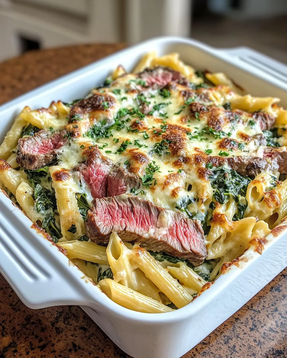Easy Steak & Spinach Artichoke Pasta Bake food shot