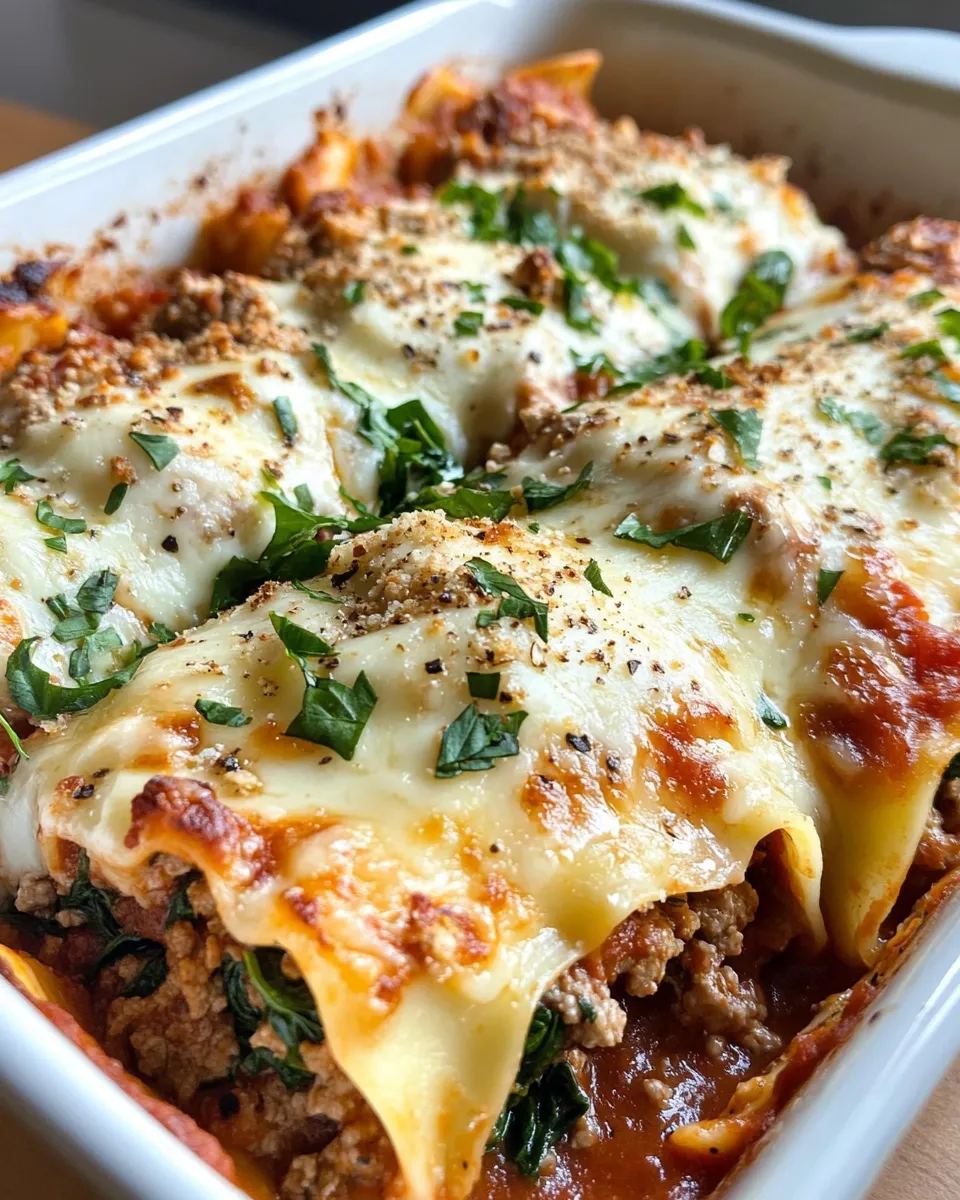 Delicious Steak & Spinach Lasagna Rolls Alfredo food shot