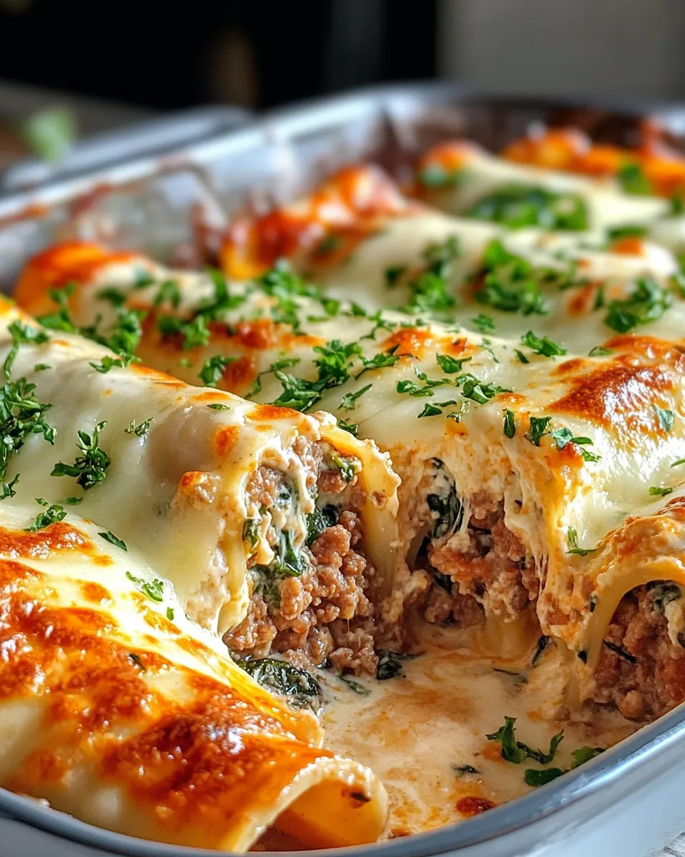 Easy Steak & Spinach Stuffed Manicotti Alfredo food shot