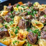 Delicious Steak & Sweet Onion Cheddar Shells food shot