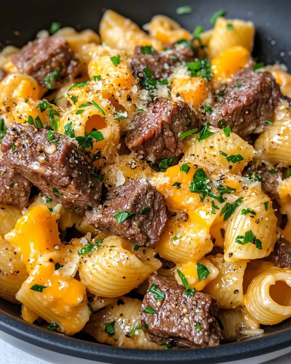 Easy Steak & Sweet Onion Cheddar Shells dish photo