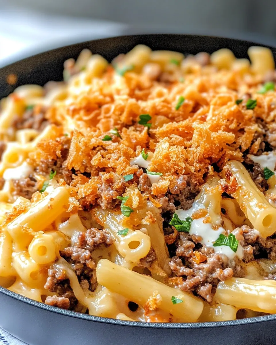 Easy Steakhouse Loaded Mac with Crispy Onions food shot