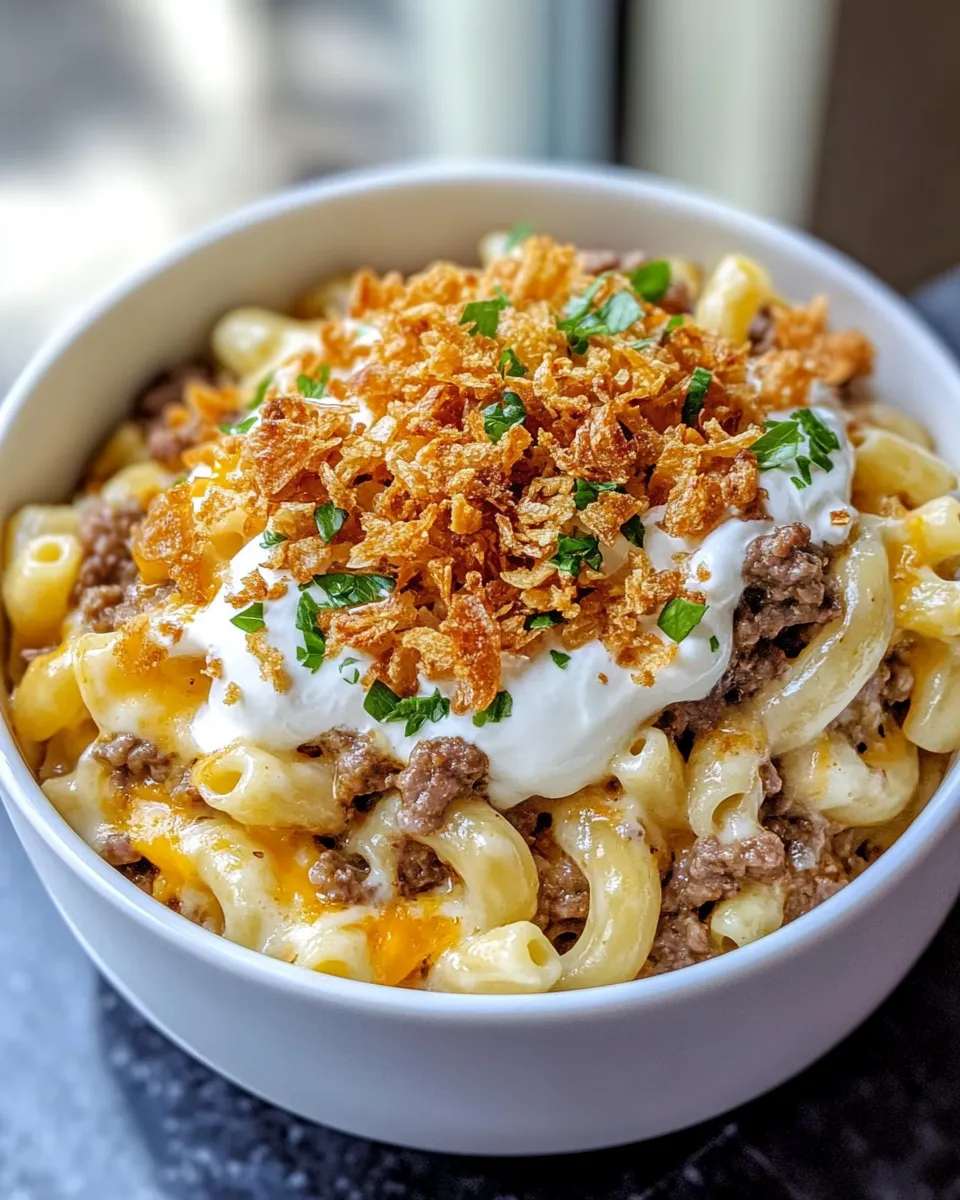 Delicious Steakhouse Loaded Mac with Crispy Onions plate image