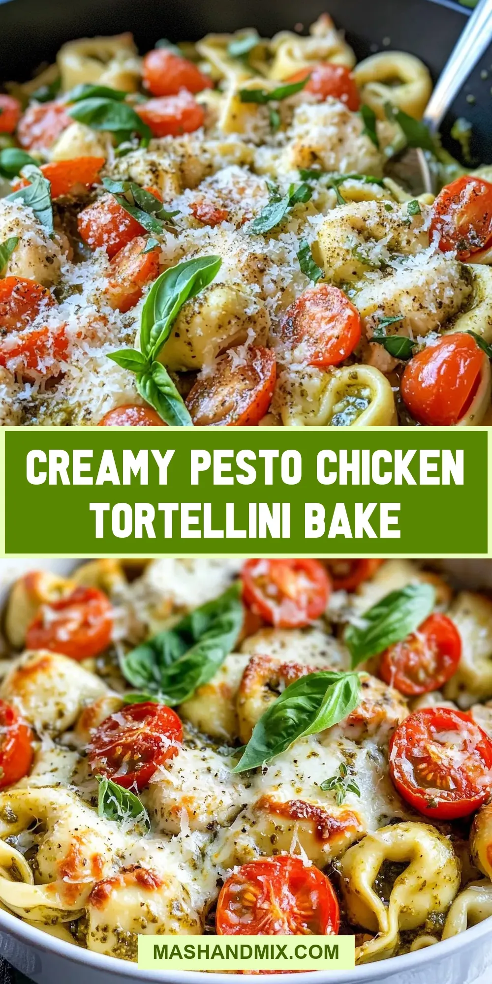 Healthy Creamy Pesto Chicken Tortellini Bake
